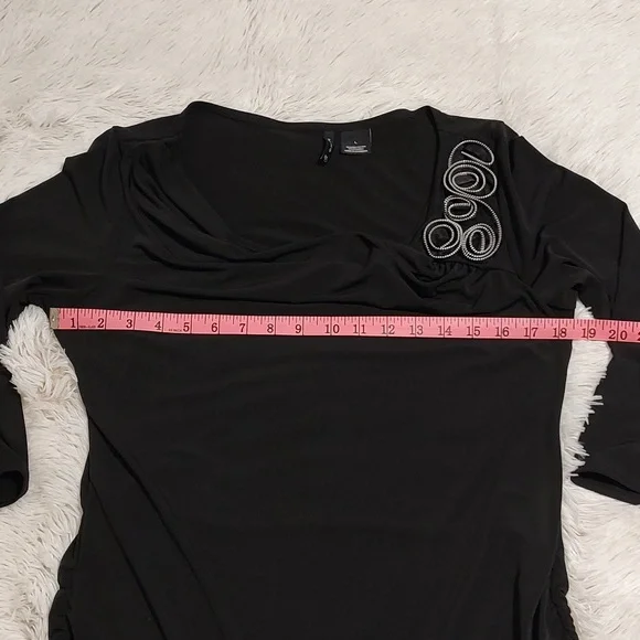 New Directions Stretch Cowl Neck Top Black ¾-Sleeve Ruched Metallic Detail Large - Picture 7 of 9